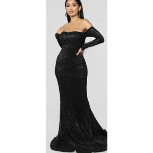 Fashion Nova "Got Class" Black Sequined Formal Gown NWT Sz. XL Long Sleeve
